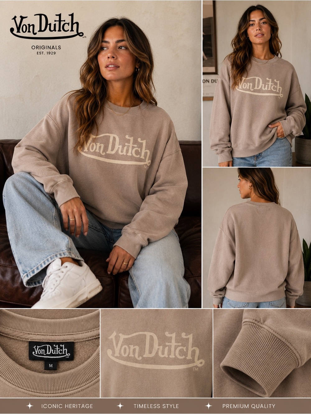 NWT Von Dutch Beige Taupe Logo Crewneck Sweatshirt M Normcore Athleisure C6